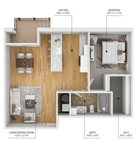Floor plan for 1 bed, 1 bath, 755 sqft